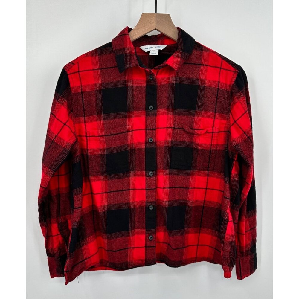 Old Navy The Boyfriend Shirt Women Small Red Black Buffalo Plaid Pockets Cotton
